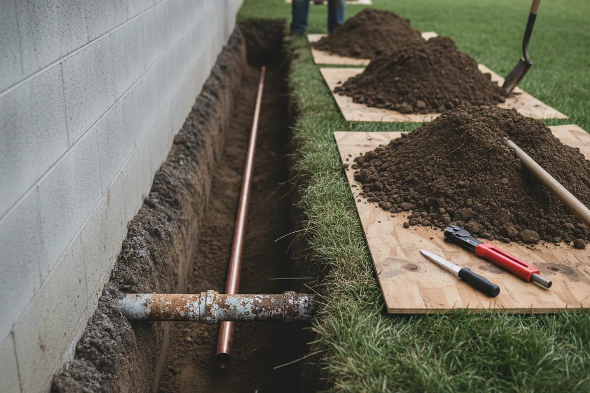 Excavated water line trench during Water Heater Repair in Petersburg